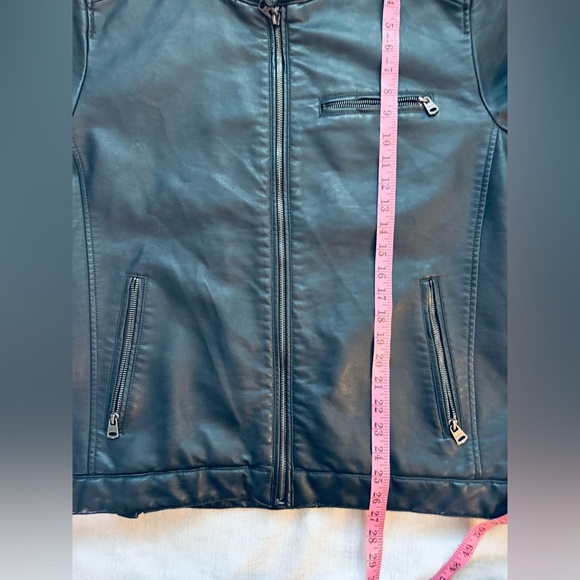 Men's Blue Faux Leather Jacket with Hood - Picture 11 of 12